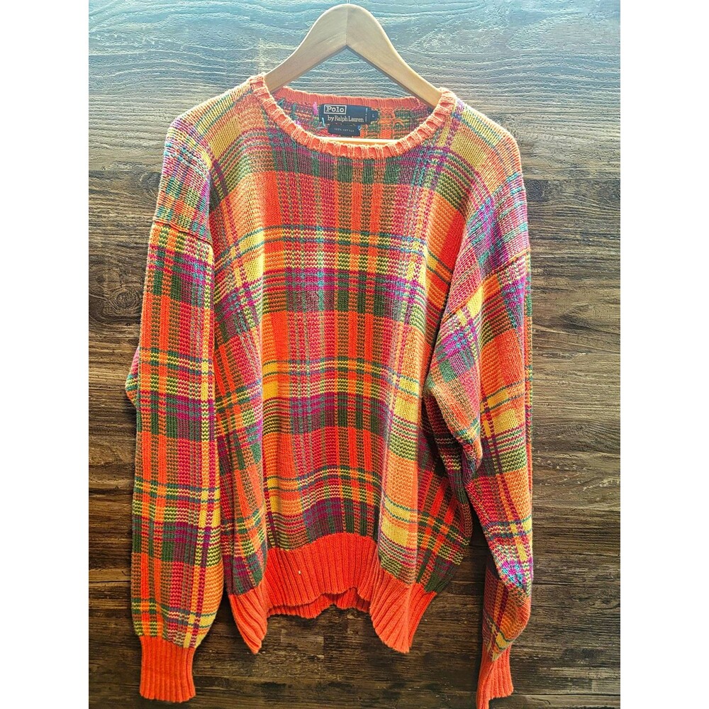 Vintage 90s by Ralph Lauren Mens Plaid Knit Crewneck Pullover Logo Sweater L